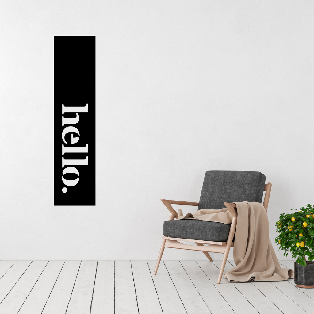 Welcome Home | Vertical Hello Metal Wall Art displayed in a modern entryway.