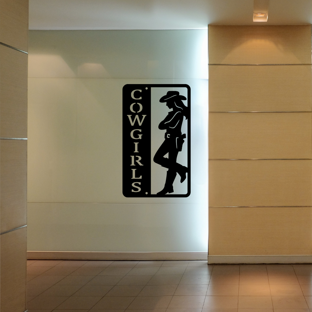 Western Charm | Cowgirls Bathroom Metal Wall Sign installed in a stylish commercial interior.