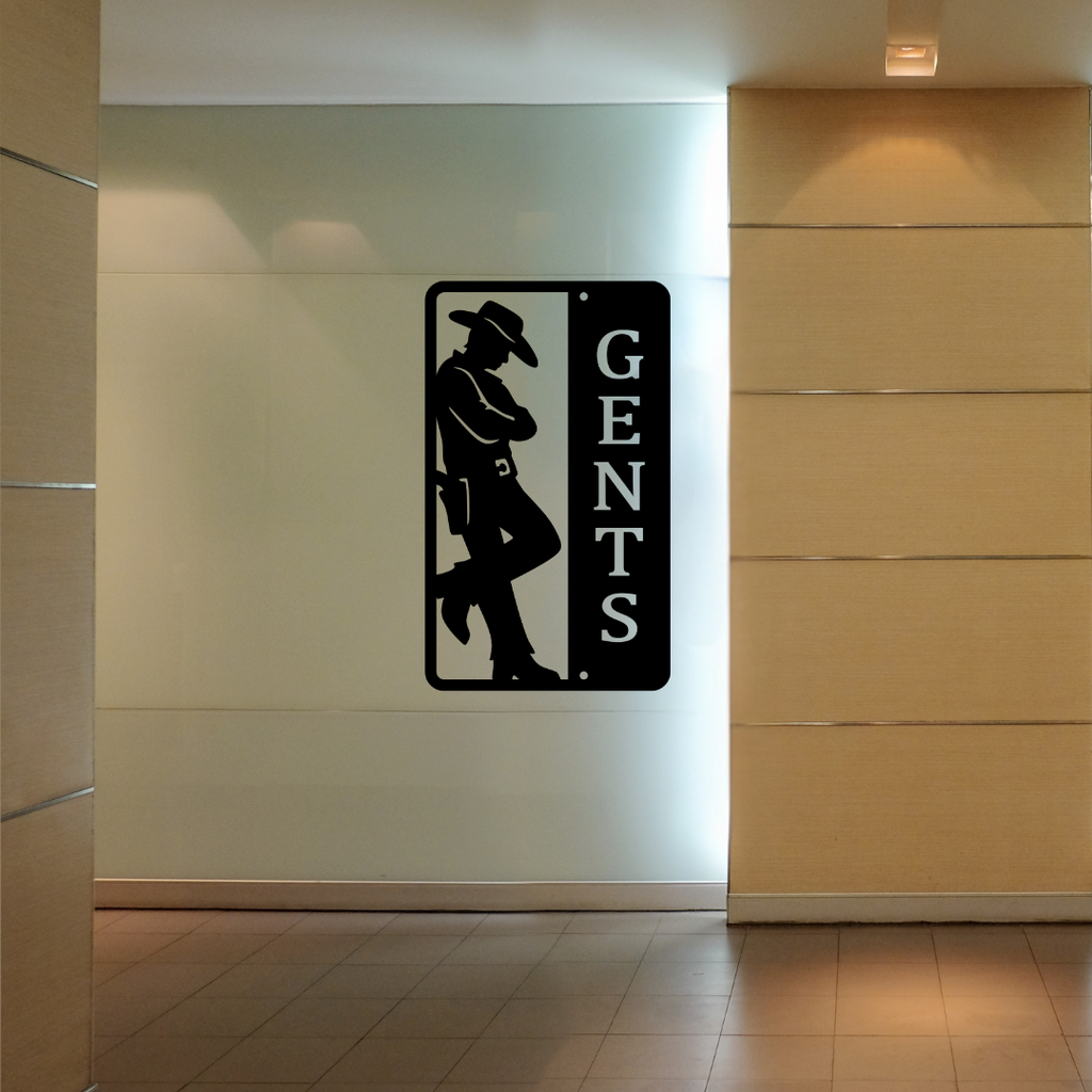 Western Trails | Gents Western Bathroom Metal Sign installed in a stylish commercial hallway.
