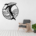 Whale Song coastal whale and waves metal wall art displayed above a contemporary chair in a stylish modern interior