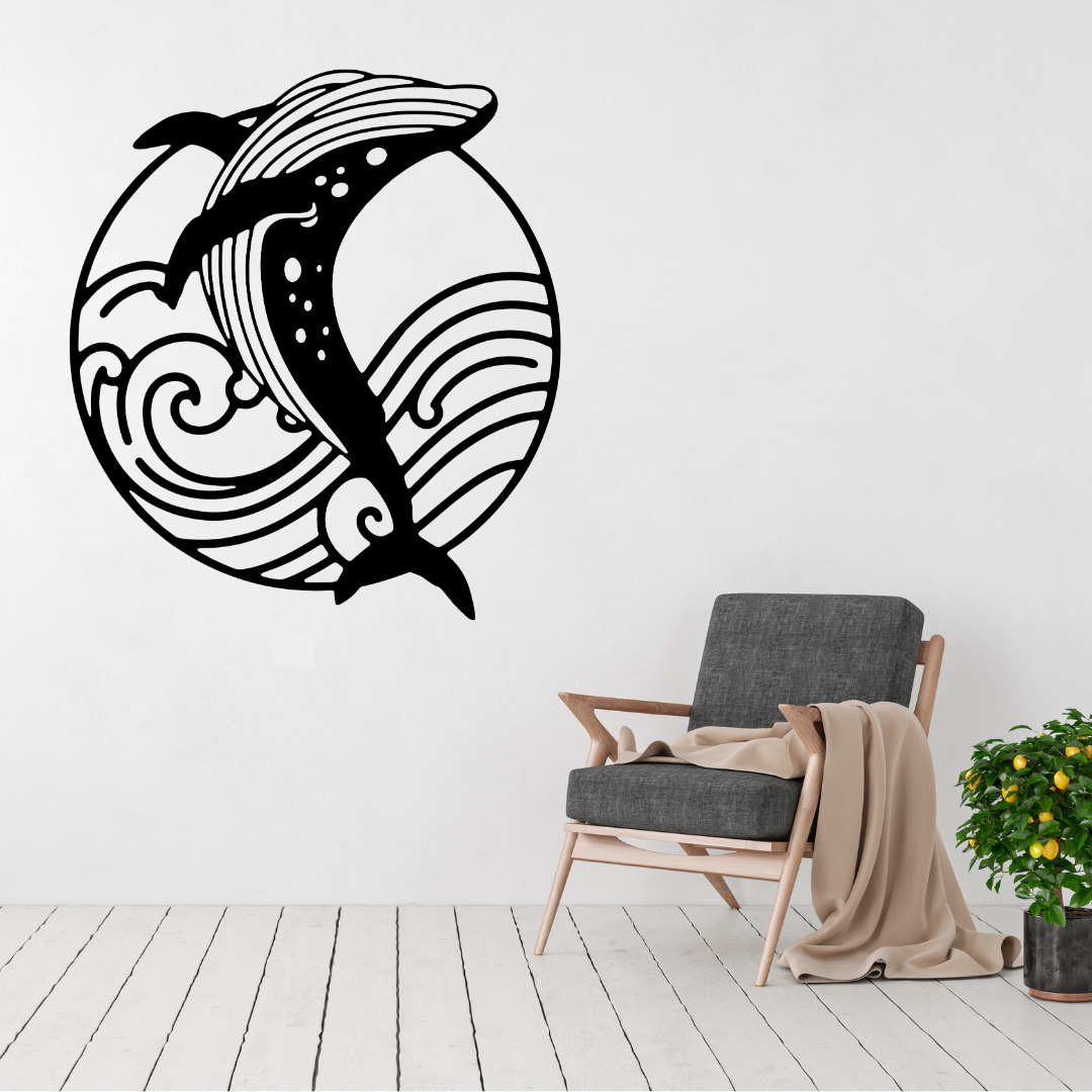 Whale Song coastal whale and waves metal wall art displayed above a contemporary chair in a stylish modern interior