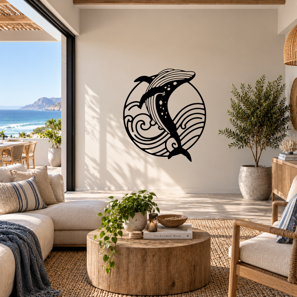 Whale Song coastal whale metal wall art displayed in a modern room with contemporary décor and ocean-inspired styling