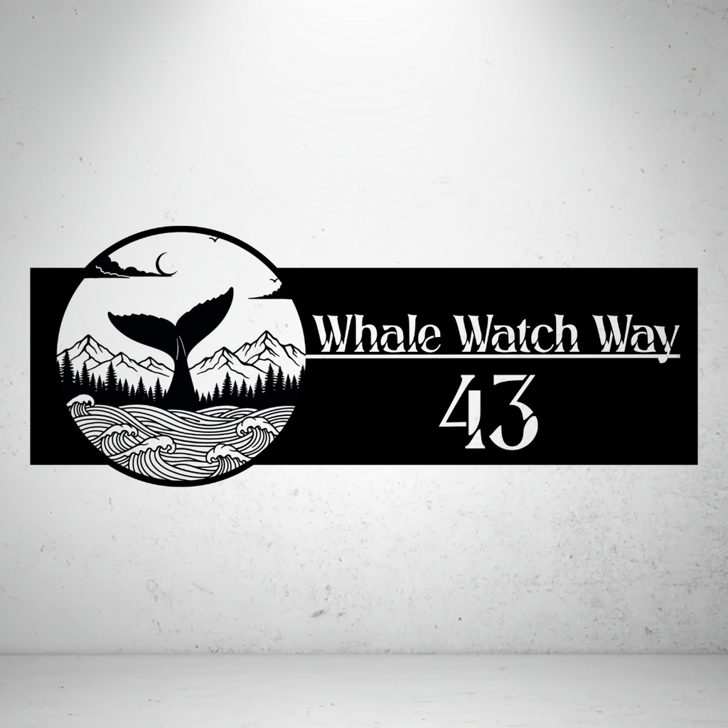 Whale Watch Way personalised landscape metal house number sign featuring a whale tail rising above ocean waves with a scenic mountain backdrop.