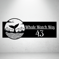 Whale Watch Way personalised landscape metal house number sign featuring a whale tail rising above ocean waves with a scenic mountain backdrop.