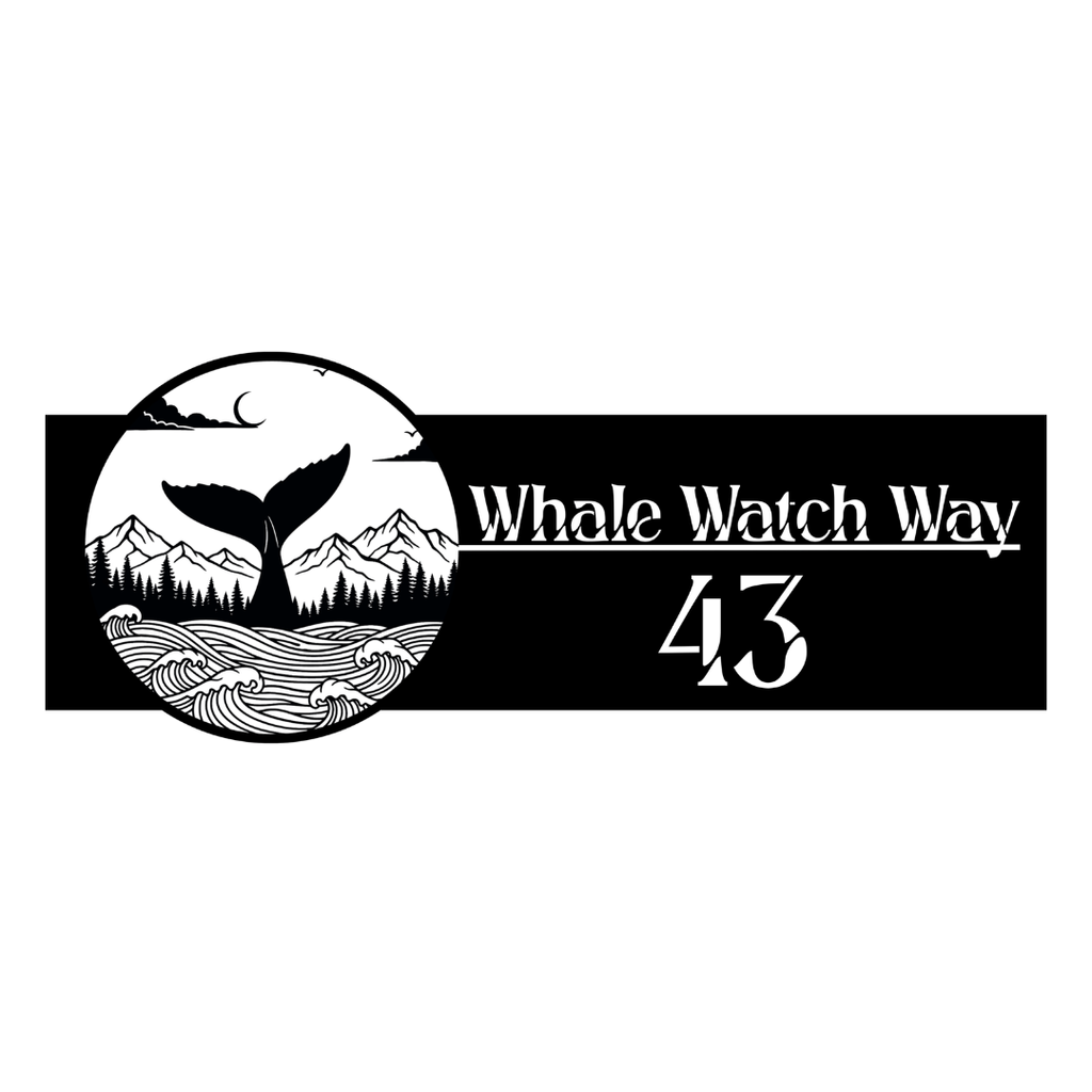 Close-up of the Whale Watch Way custom laser-cut steel house number plaque with a whale tail and coastal landscape design.