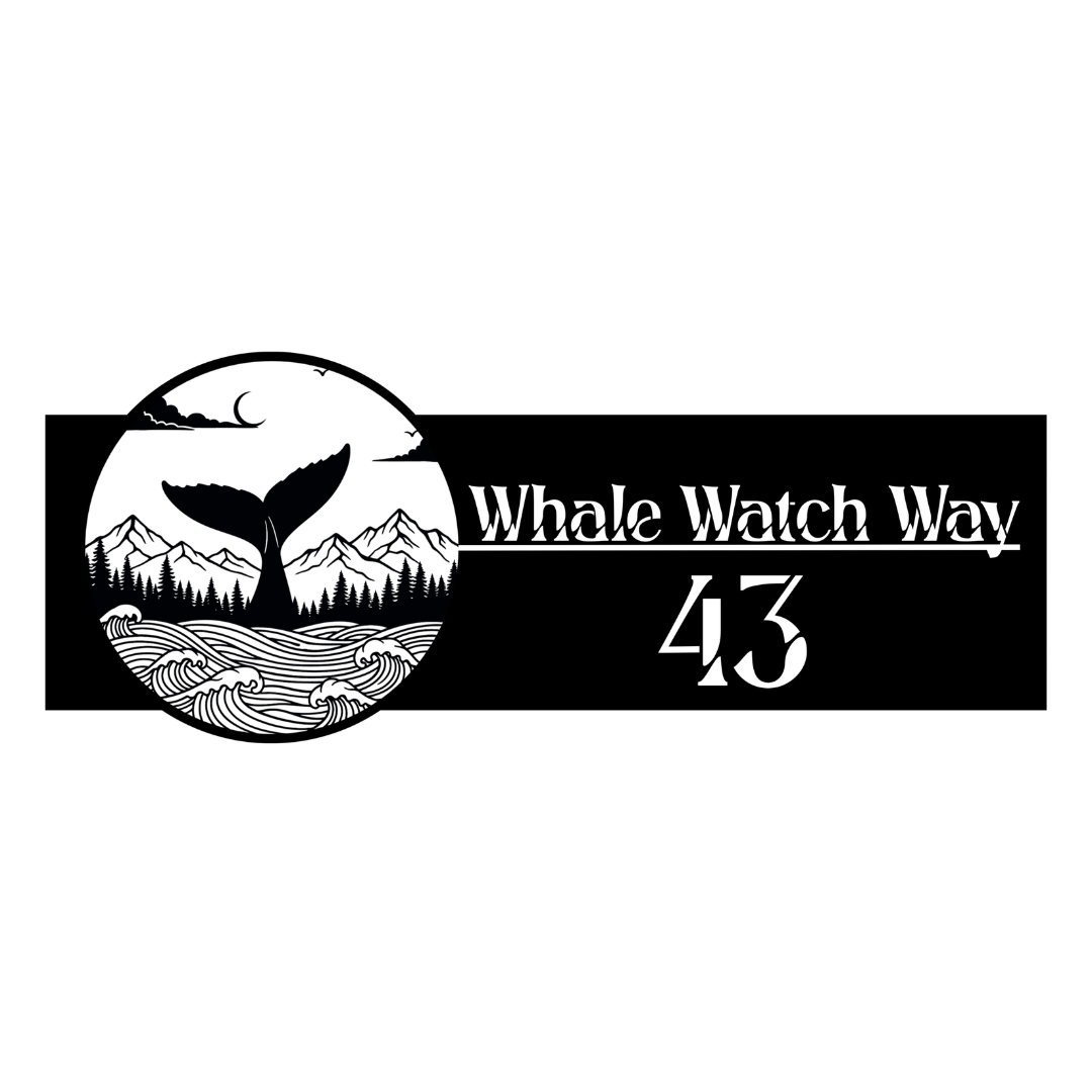 Close-up of the Whale Watch Way custom laser-cut steel house number plaque with a whale tail and coastal landscape design.