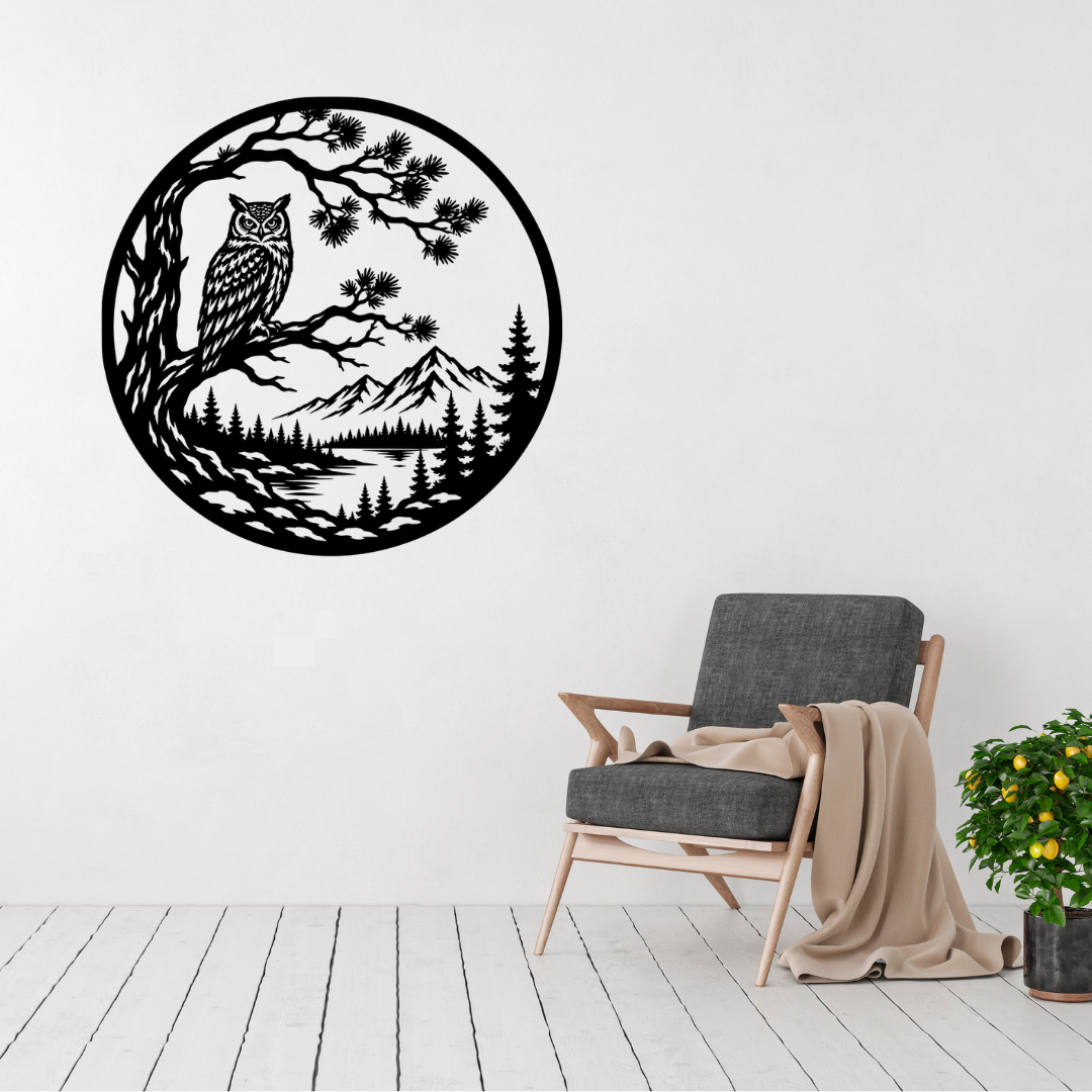 Whispering Pines owl and mountain metal wall art displayed above a contemporary chair in a stylish modern interior