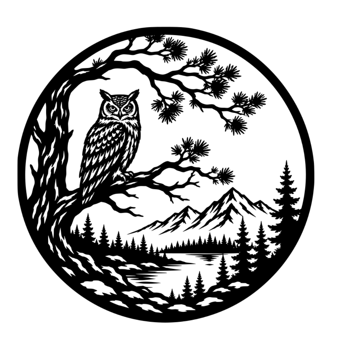 Whispering Pines owl and mountain metal wall art isolated on a white background showing detailed forest, mountains and lake design