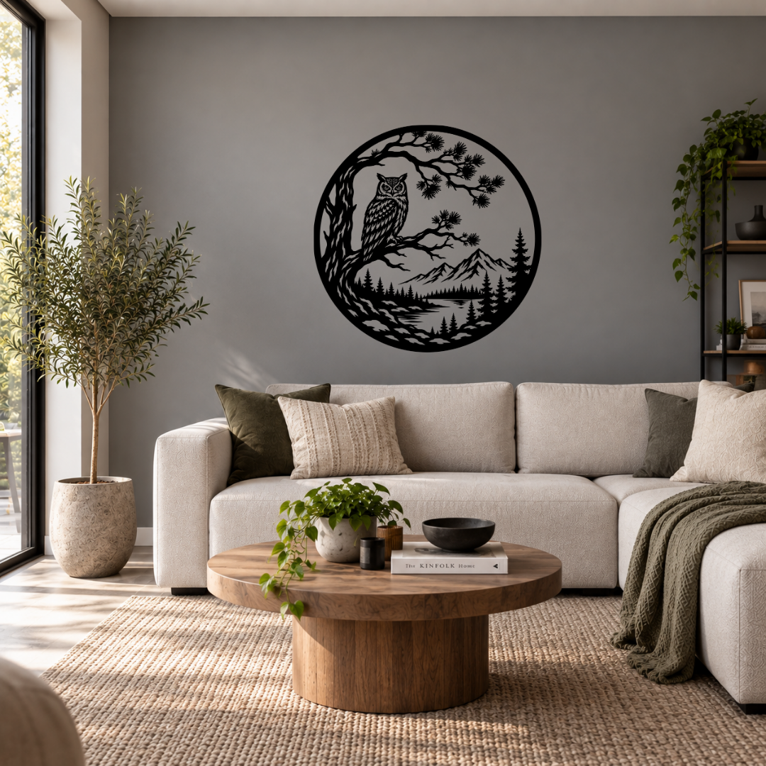 Whispering Pines owl and mountain metal wall art displayed in a modern room with contemporary décor and natural-inspired styling