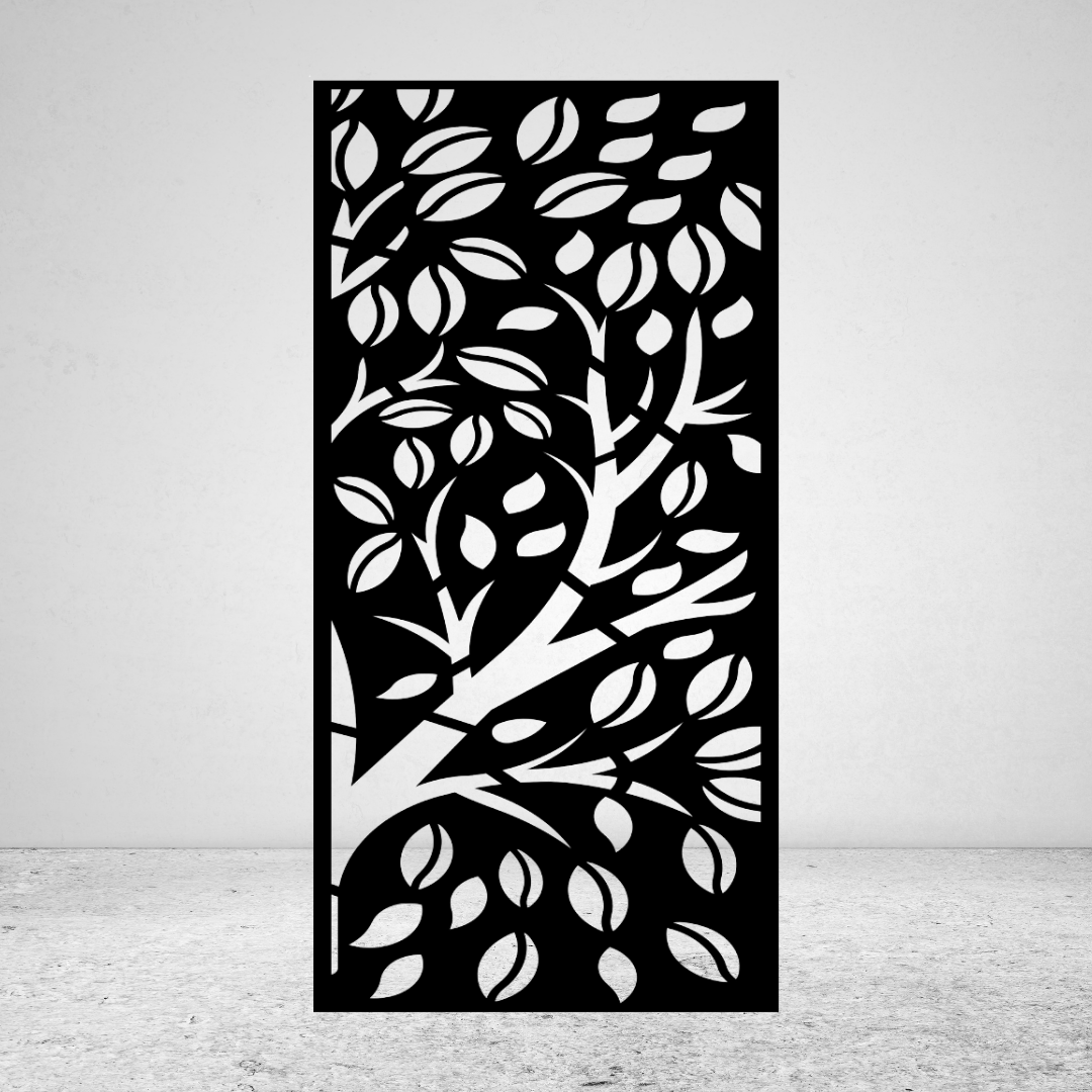 Whispering Tree botanical metal privacy screen featuring sweeping branches and scattered leaf pattern
