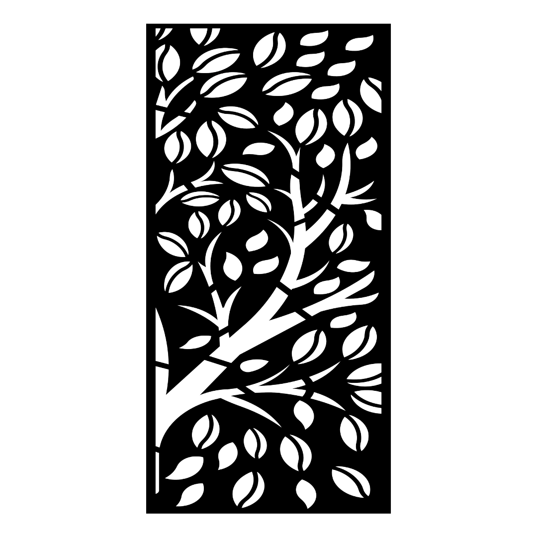 Whispering Tree decorative metal privacy panel isolated on a white background showing its organic tree and foliage design