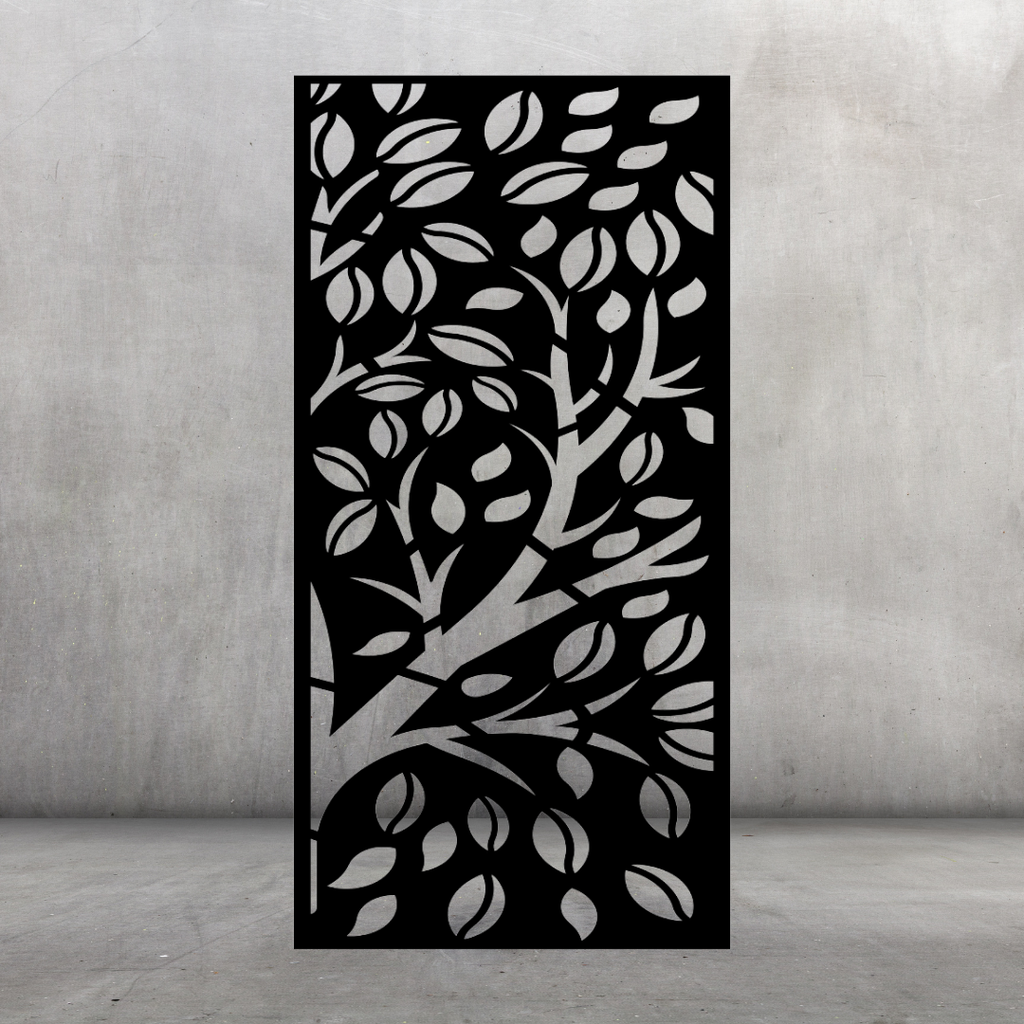 Whispering Tree nature-inspired metal privacy screen displayed against a dark grey wall with branching tree and leaf pattern
