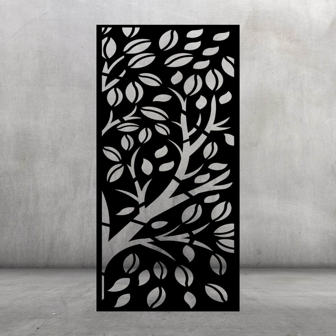 Whispering Tree nature-inspired metal privacy screen displayed against a dark grey wall with branching tree and leaf pattern