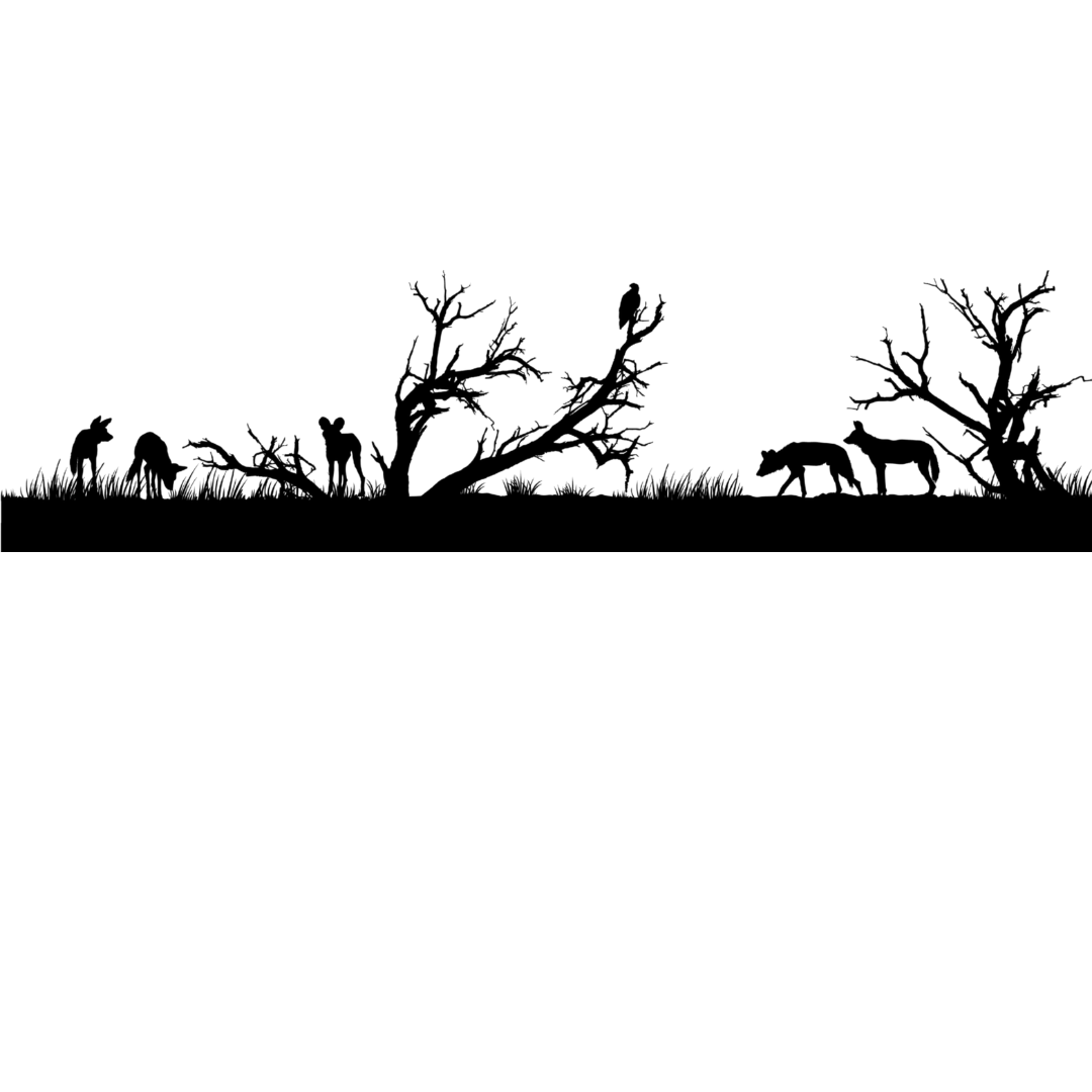 African savanna silhouette metal wall art featuring wild dogs, a vulture, trees and wildlife on a blank background.