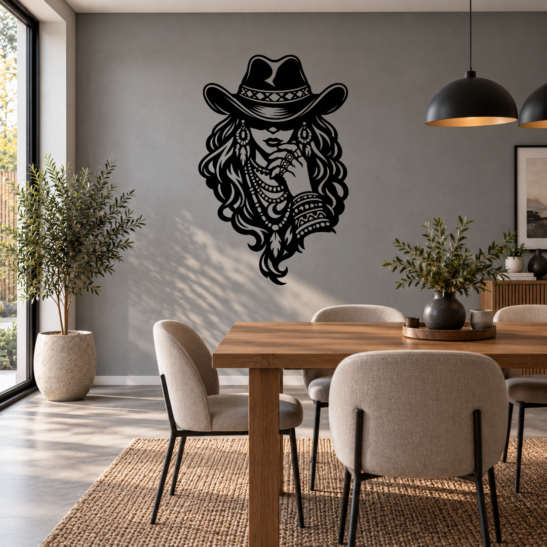 Wild and Free bohemian cowgirl metal wall art displayed in a modern interior