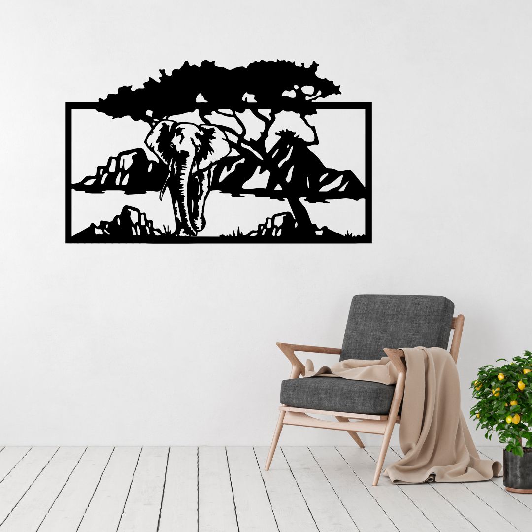 Elephant wall art displayed in a nature inspired modern living room