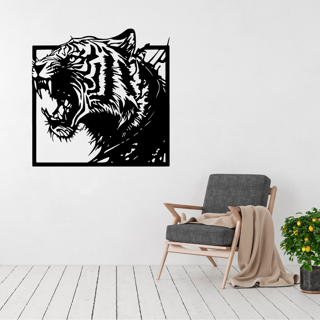 Wild Majesty tiger metal wall art displayed above a contemporary chair in a modern interior