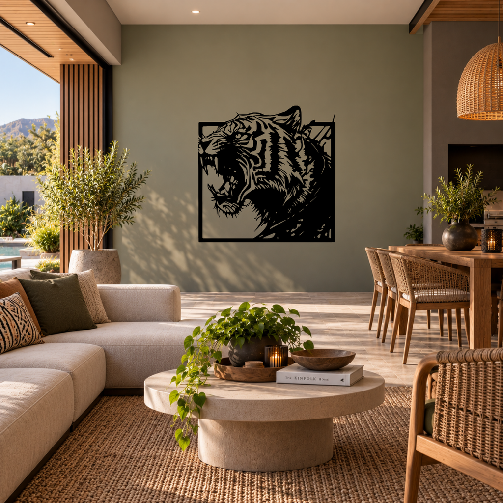 Wild Majesty tiger metal wall art displayed in a modern room with contemporary interior décor