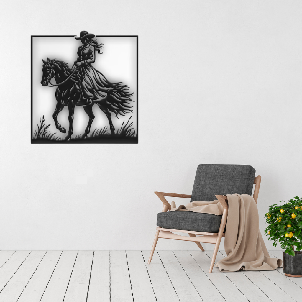 Wild Spirit | Cowgirl Horse Metal Wall Art displayed on a modern living room wall above a contemporary accent chair.