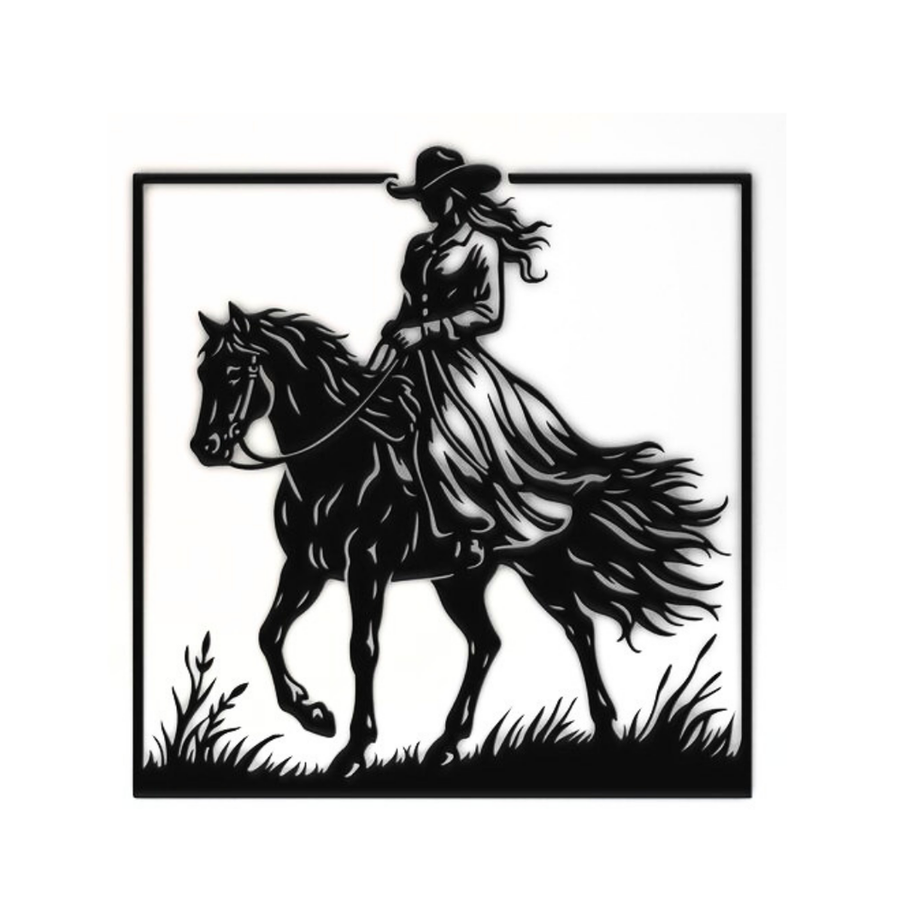 Wild Spirit | Cowgirl Horse Metal Wall Art crafted from premium laser-cut powder-coated steel.