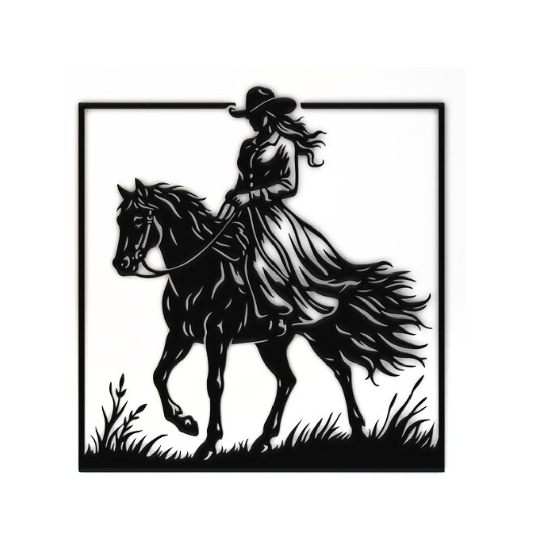 Wild Spirit | Cowgirl Horse Metal Wall Art crafted from premium laser-cut powder-coated steel.