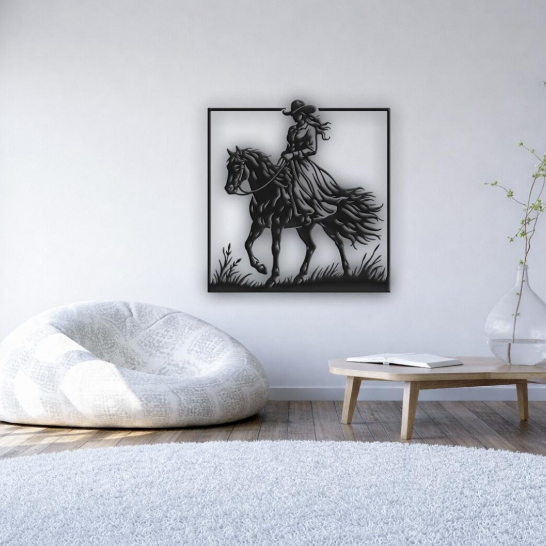 Wild Spirit | Cowgirl Horse Metal Wall Art showcased as a striking feature piece in a bright contemporary living space.