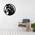 Wild Spirit | Horse Head Metal Wall Art displayed in a bright contemporary living room, featuring an elegant circular black metal design of a majestic horse with a flowing mane. Precision laser cut metal wall décor that brings timeless equestrian charm to modern homes, ranch-style interiors and country-inspired spaces.