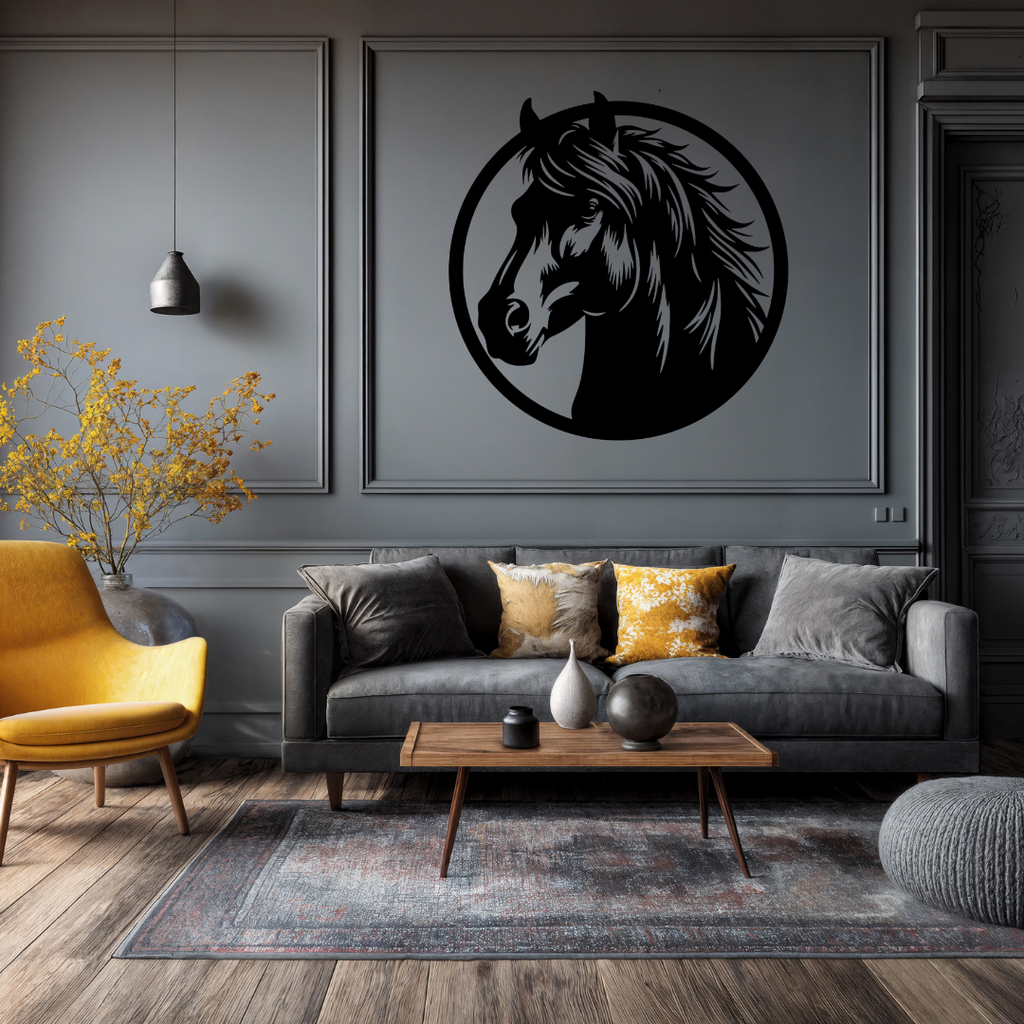 Wild Spirit | Horse Head Metal Wall Art showcased in a sophisticated luxury lounge, highlighting a striking circular metal sculpture of a noble horse with a flowing mane. Premium laser cut steel wall art designed to elevate living rooms, offices, stables, farmhouses and modern interiors with elegant equestrian style.