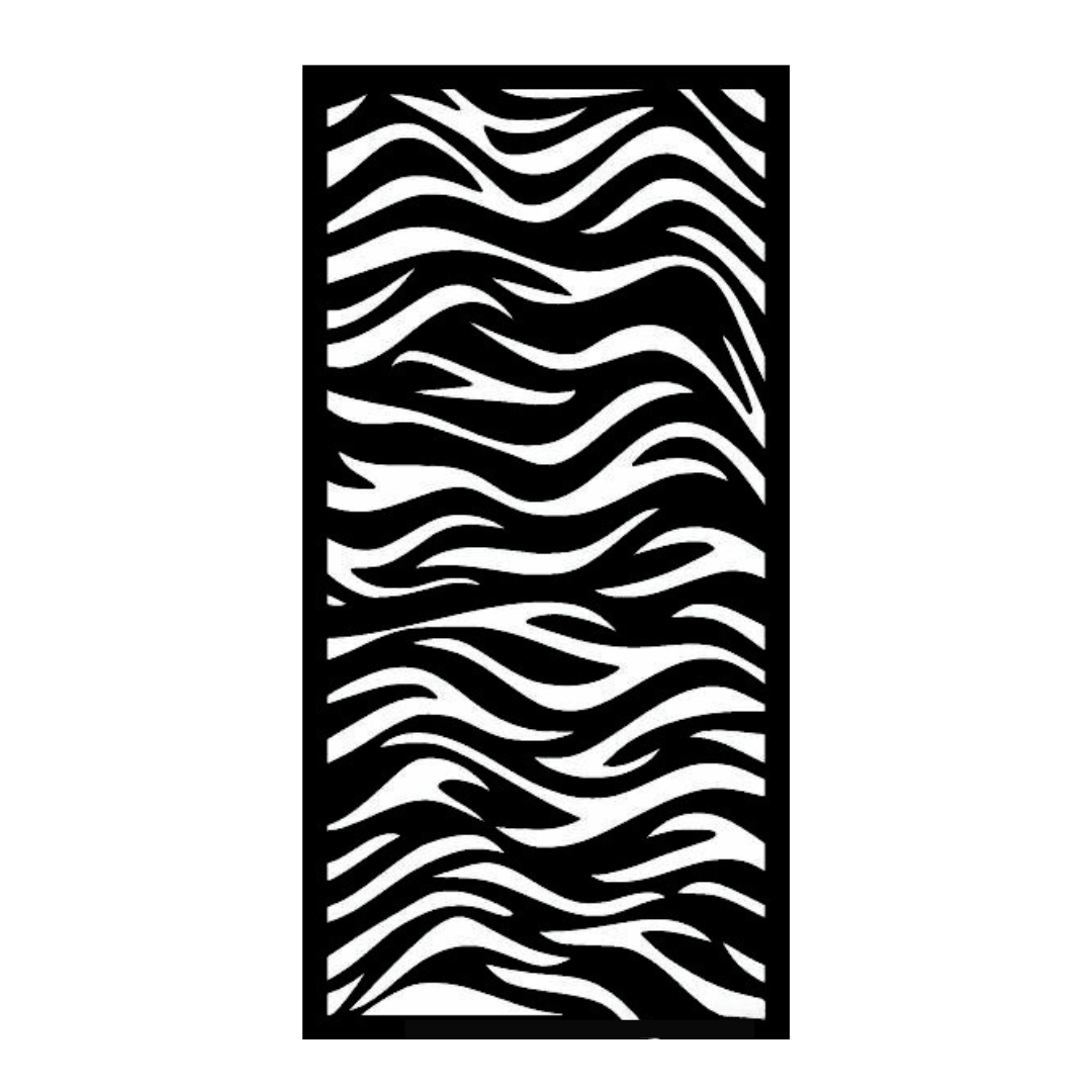 Wild Stripes decorative metal privacy panel on a white background featuring zebra and tiger-inspired cut-outs