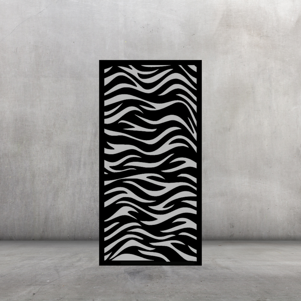 Wild Stripes bold metal privacy screen displayed against a dark grey wall with safari-style stripe design