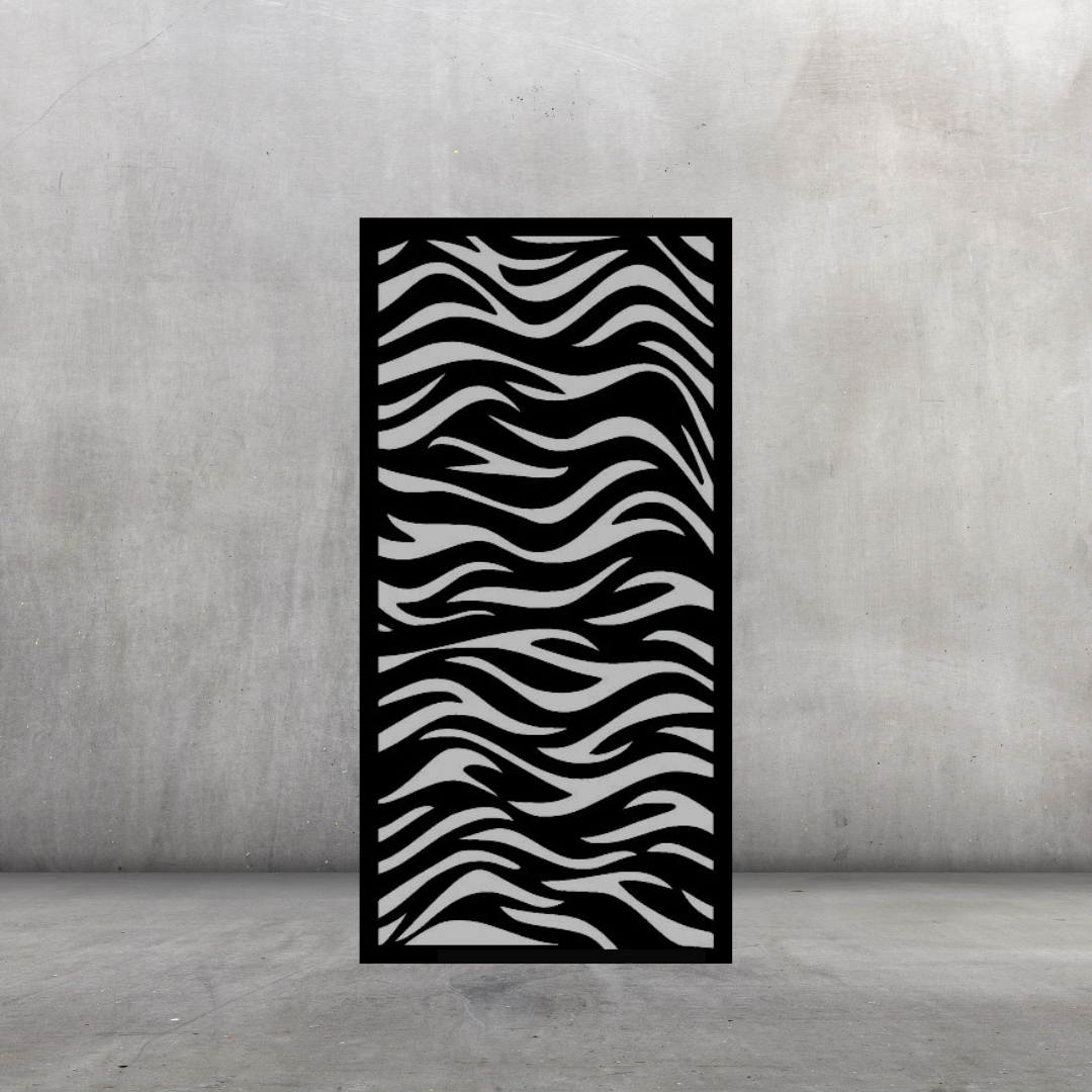 Wild Stripes bold metal privacy screen displayed against a dark grey wall with safari-style stripe design