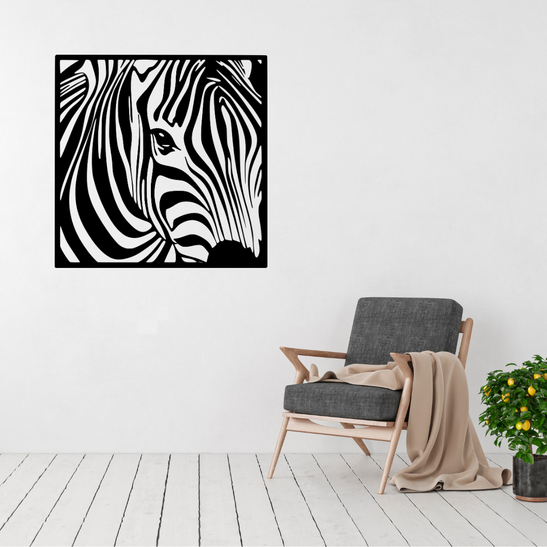Wild Stripes | Zebra Portrait Metal Wall Art displayed in a bright modern living room.