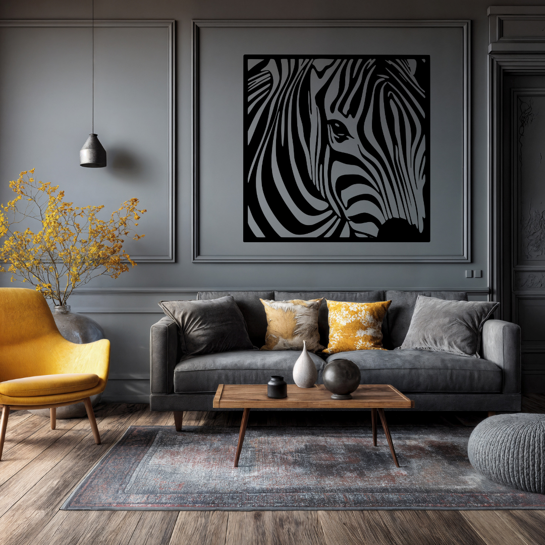 Wild Stripes | Zebra Portrait Metal Wall Art mounted above a contemporary sofa in a stylish living room.