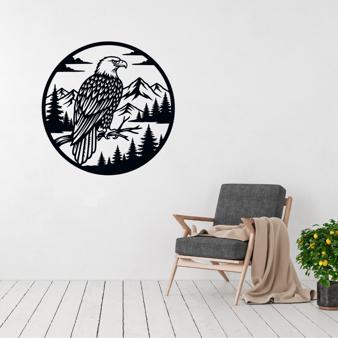 Wilderness Majesty eagle scenery metal wall art displayed above a contemporary chair