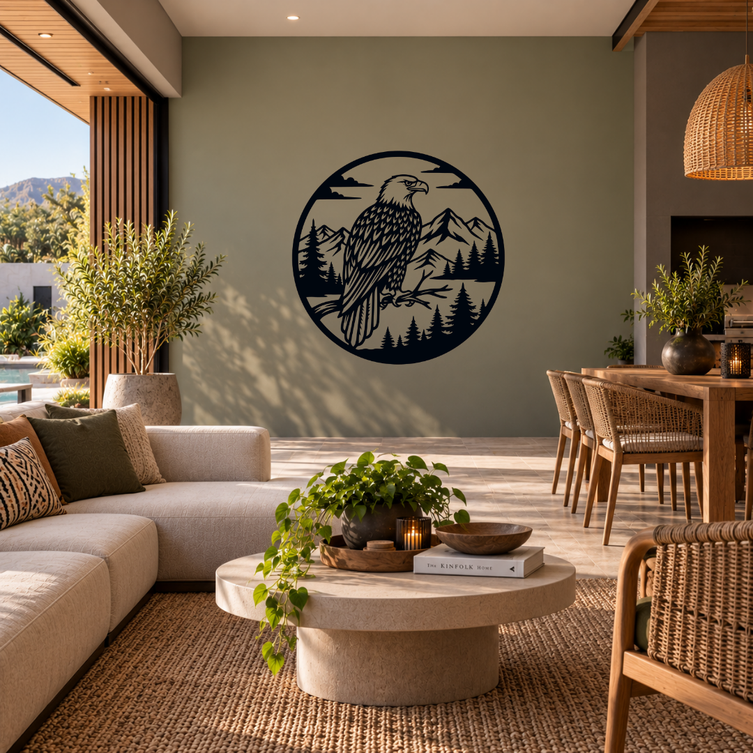 Wilderness Majesty eagle scenery metal wall art displayed in a modern interior