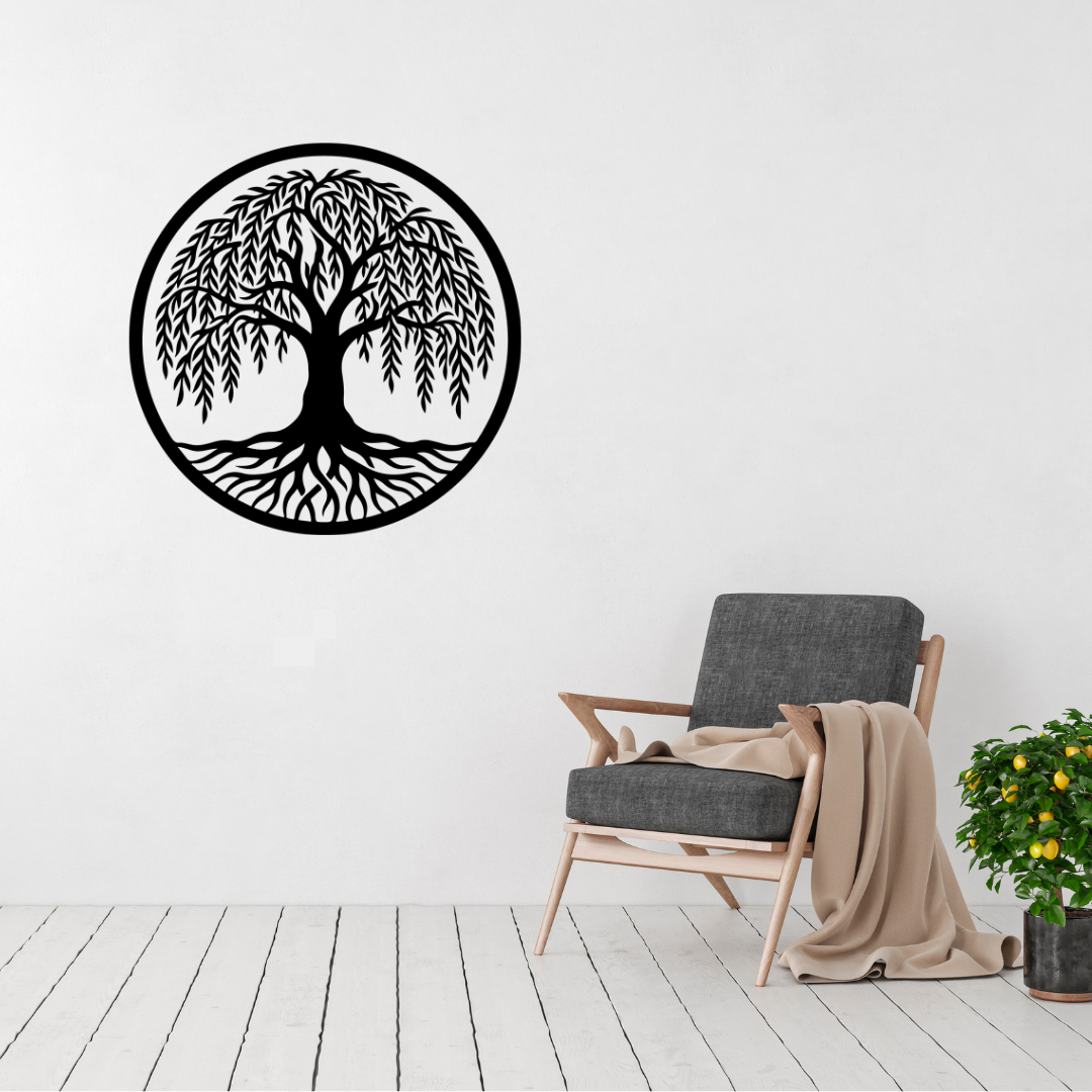 Willow Grace weeping tree metal wall art displayed above a contemporary chair