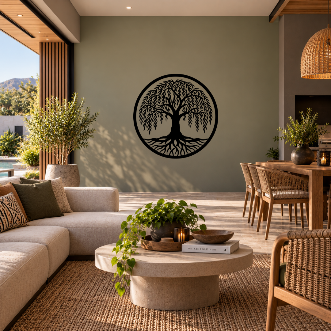 Willow Grace weeping tree metal wall art displayed in a modern interior