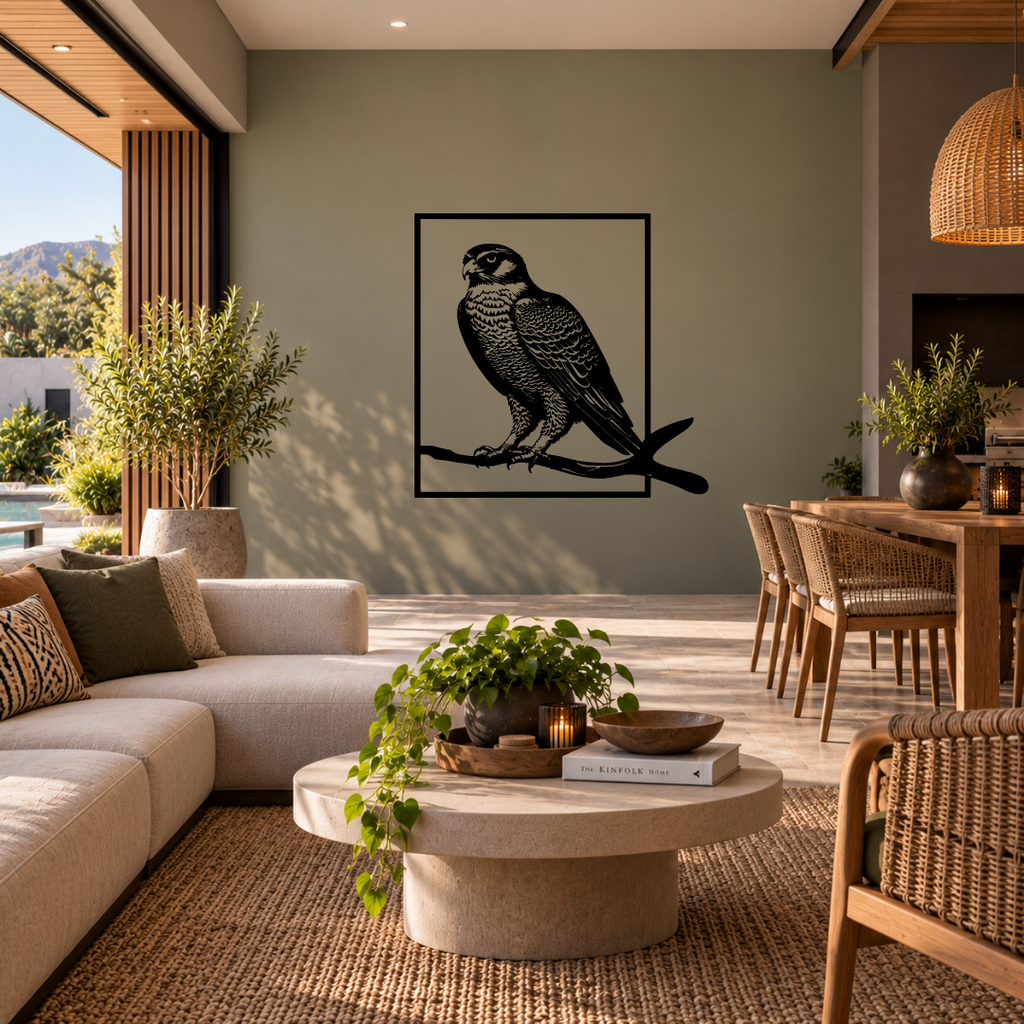 Wings of Freedom falcon metal wall art displayed in a modern interior