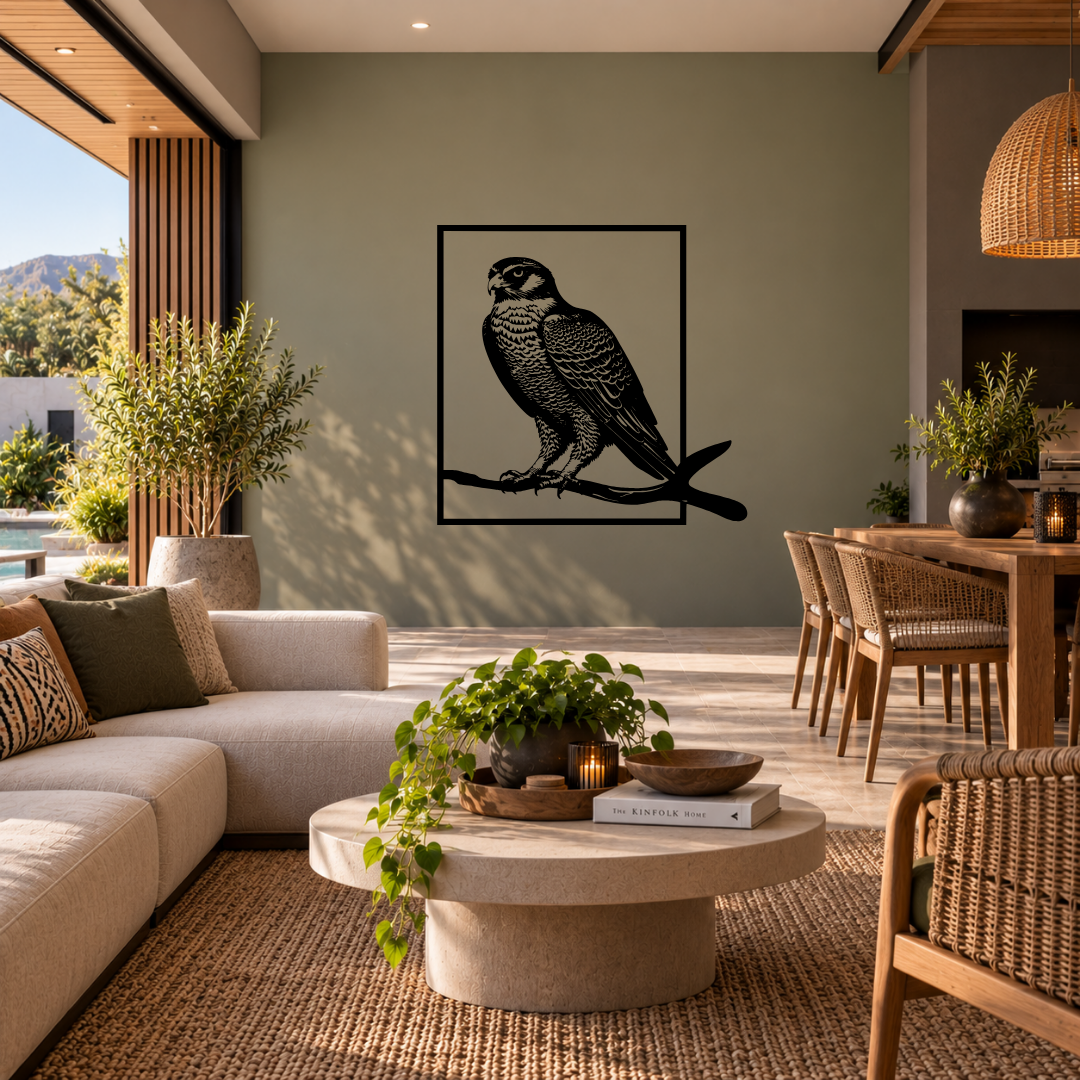 Wings of Freedom falcon metal wall art displayed in a modern interior