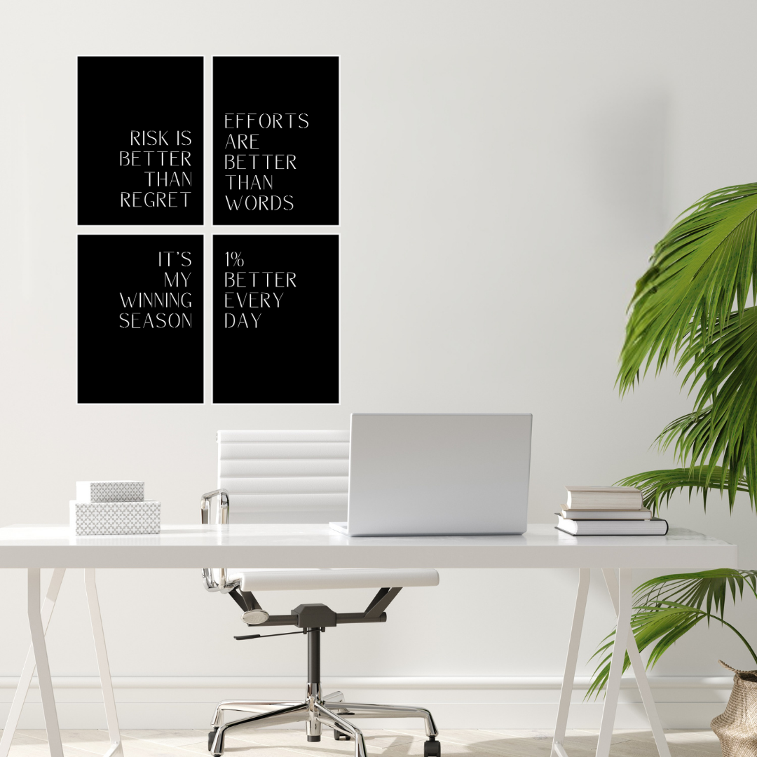 Winning Mindset motivational typography metal wall art displayed in a contemporary home office above a desk, creating an inspiring workspace with four motivational quote panels.