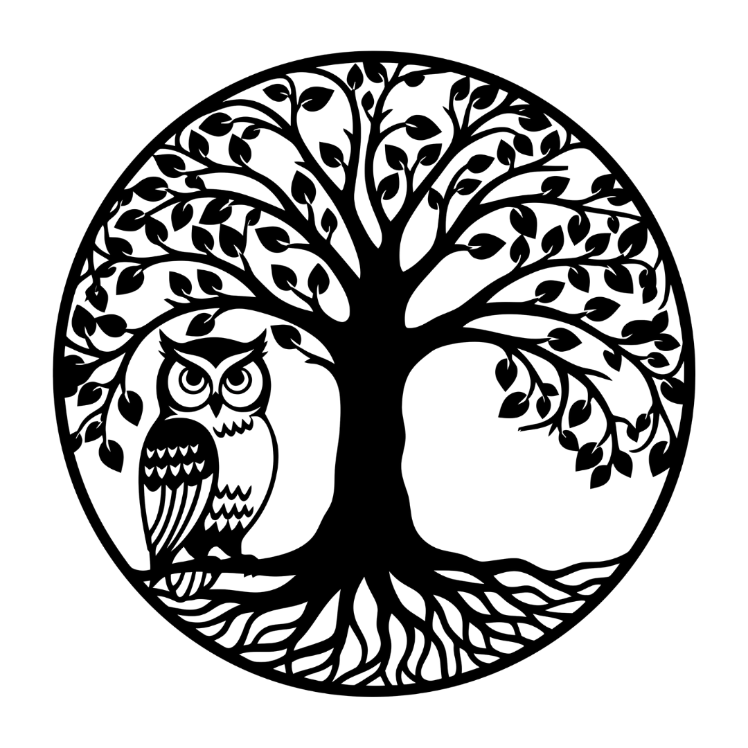 Wisdom in the Woods owl and tree metal wall art on a white background