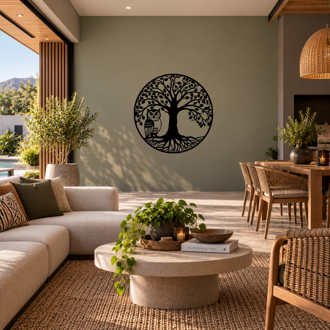 Wisdom in the Woods owl and tree metal wall art displayed in a modern interior