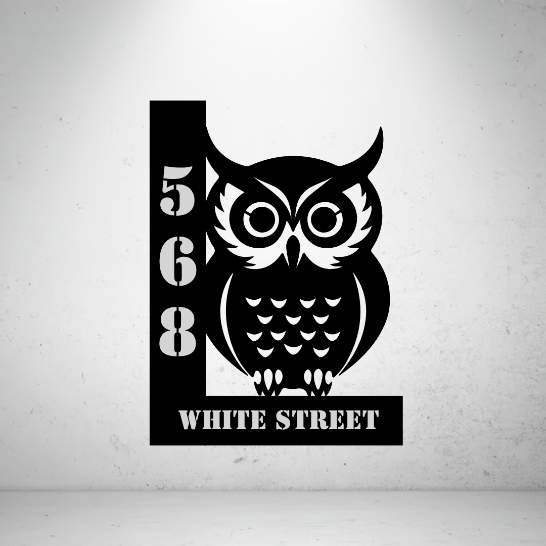 Metal house number sign with owl design on a grey background for modern home décor