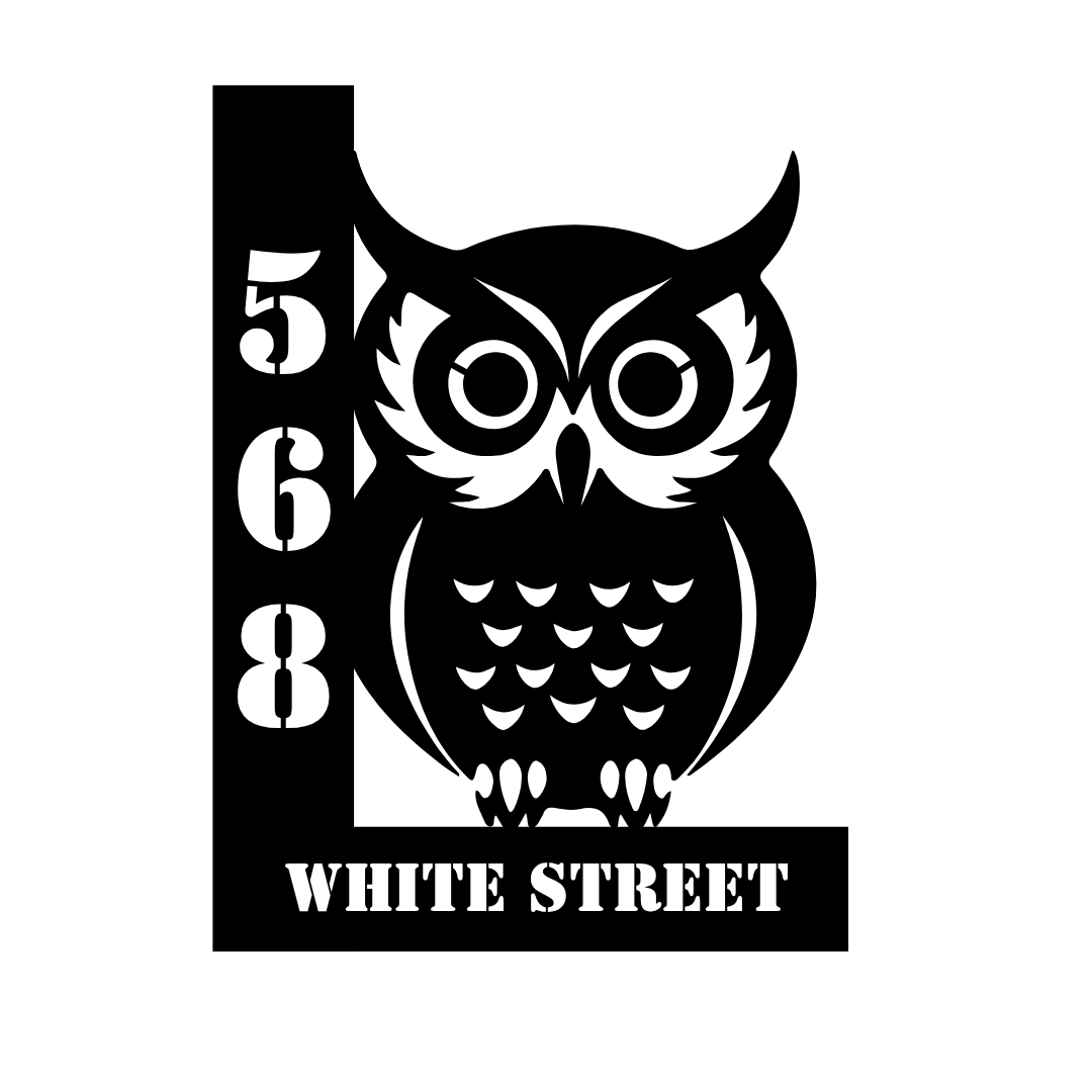 Metal house number plaque with decorative owl silhouette on a plain white background