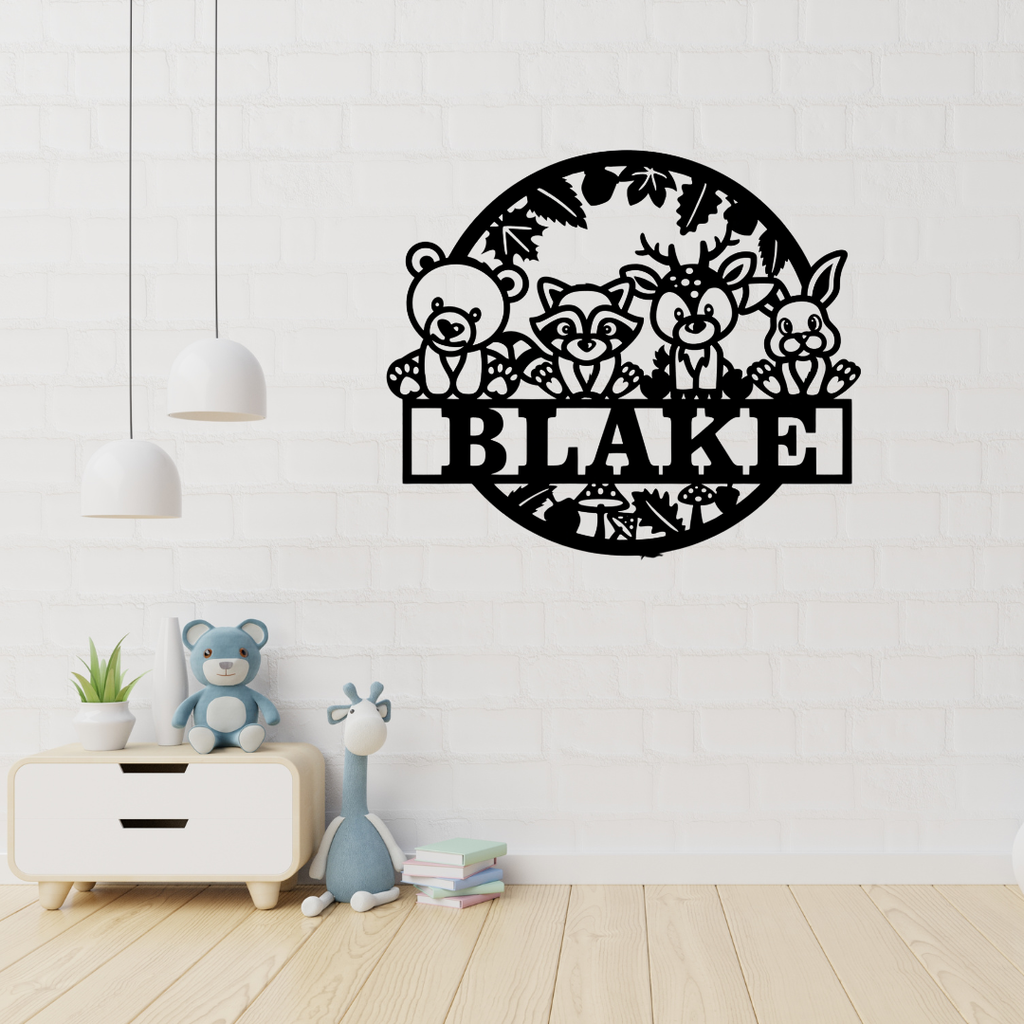 Woodland animal wall art displayed in a rustic nursery setting
