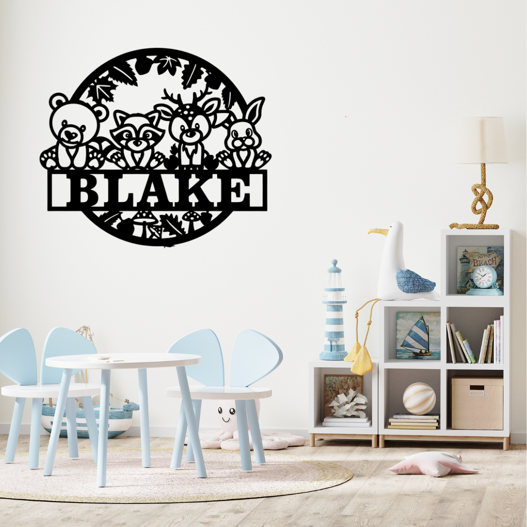 Forest-themed décor styled above a child’s bed with woodland accessories