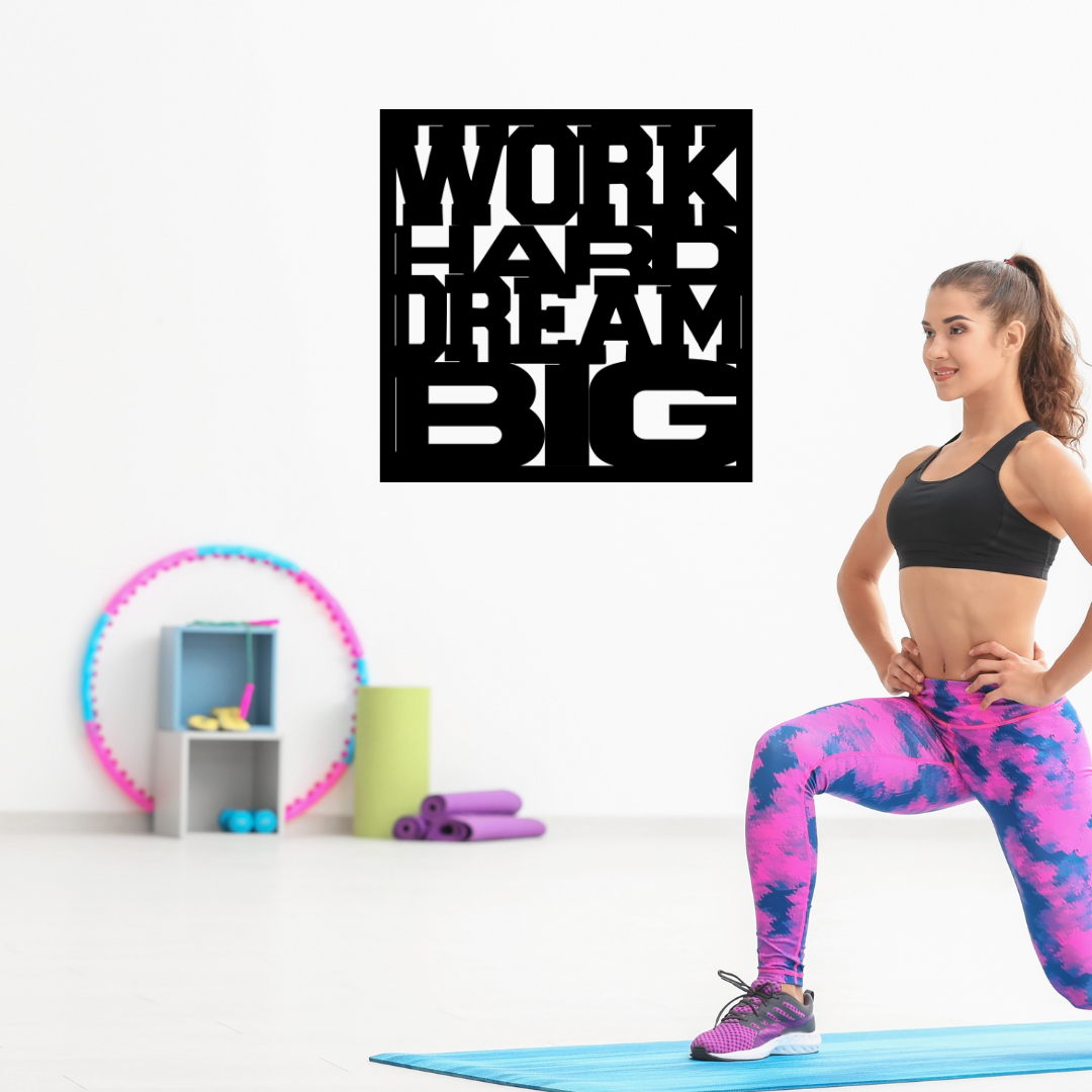 Work Hard Dream Big motivational typography metal wall art displayed in a contemporary home gym, inspiring focus and determination during workouts.