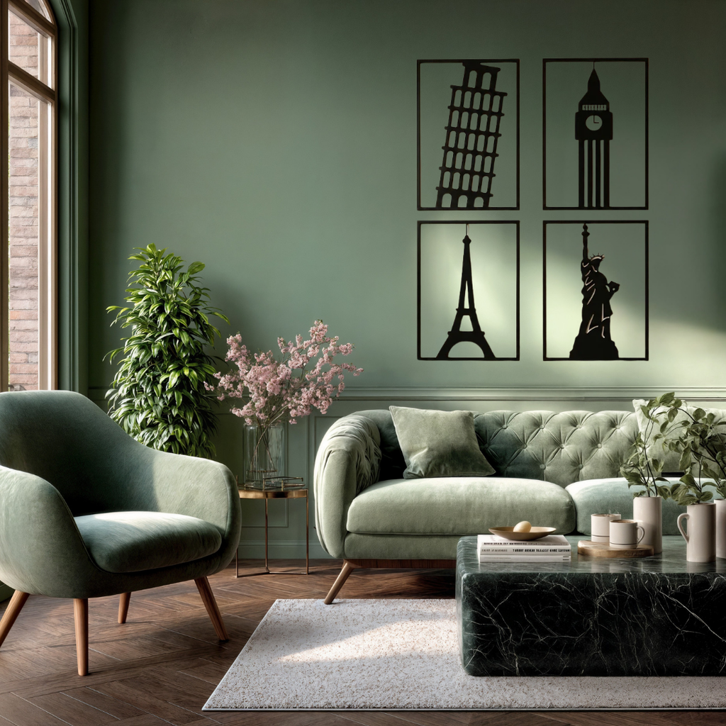 World Icons | Landmark Metal Wall Art Collection installed above a modern sofa in an elegant living room.