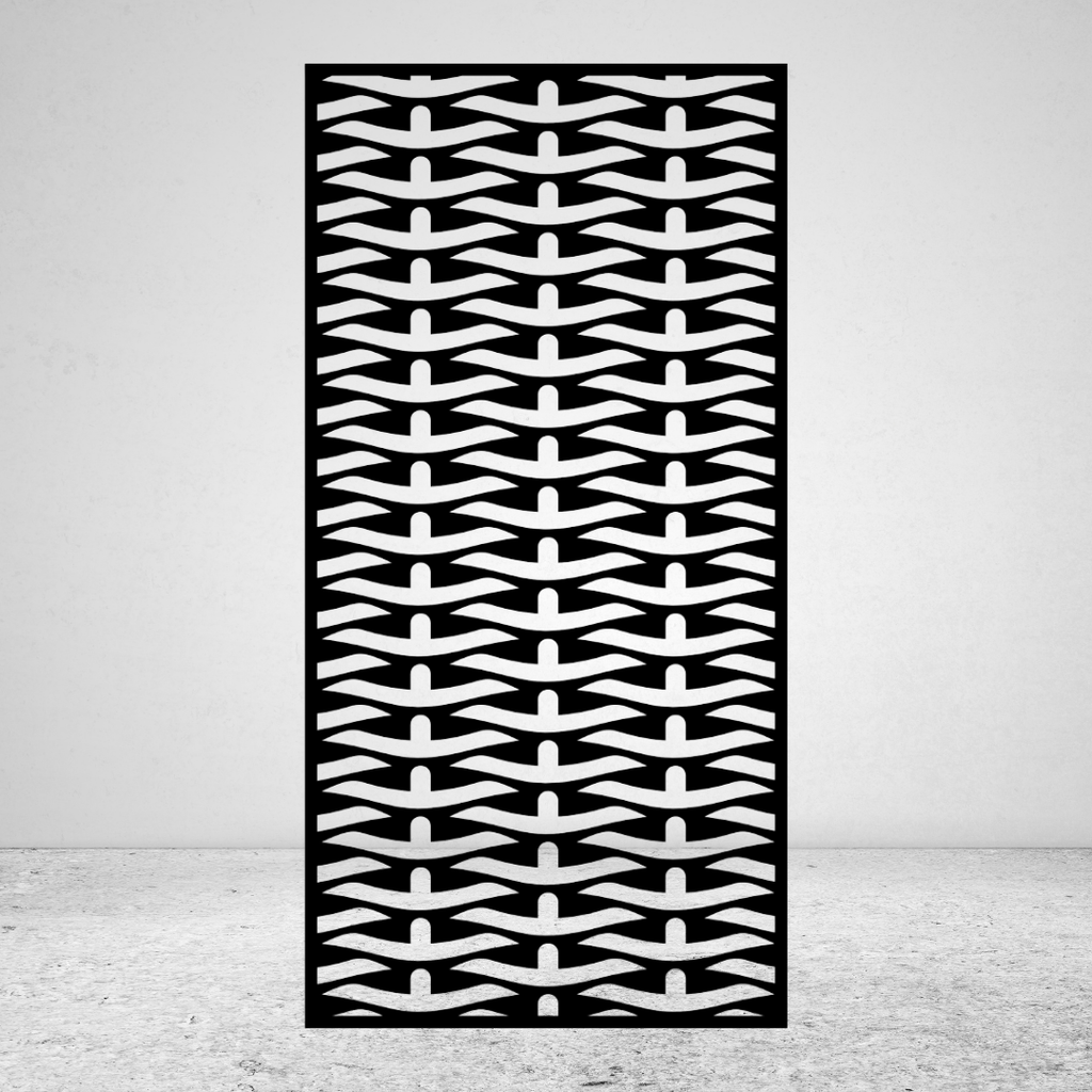 Woven Flow contemporary metal privacy screen featuring a repeating interlaced pattern of curved horizontal strips