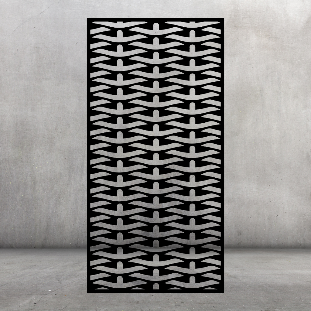 Woven Flow decorative metal privacy screen displayed against a dark grey wall with contemporary knitted-inspired pattern